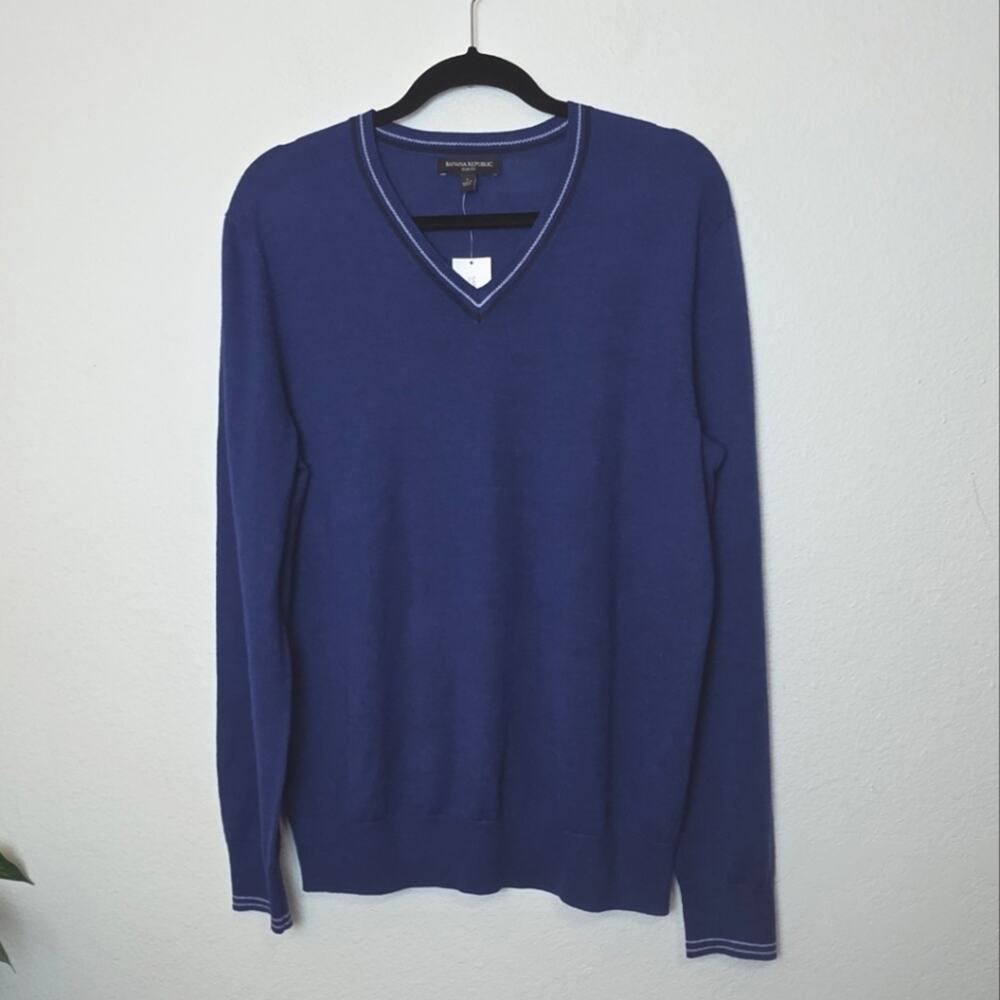 🚨NEW BANANA REPUBLIC Blue Merino Wool Blend Slim Fit V Neck Sweater Size Large